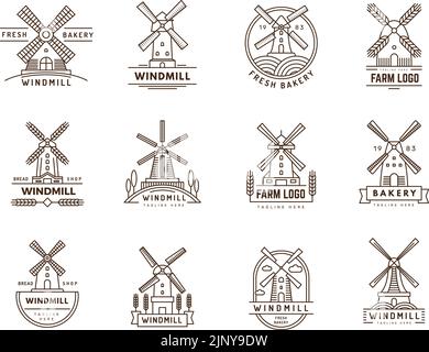 Abzeichen für Windmühlen. Natur-Logo-Vorlagen mit Windmühle Bilder Bauernhof ländlichen Symbole aktuellen Vektor-Illustrationen Stock Vektor