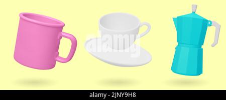 Set aus Kaffeemaschine, Campingbecher und Tasse isoliert auf blauem Hintergrund. 3D Vektorgrafik rendern. Stock Vektor