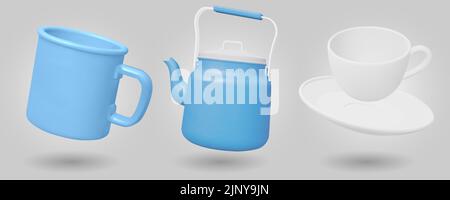 Set von Wasserkocher, Campingbecher und Tasse isoliert auf blauem Hintergrund. 3D Vektorgrafik rendern. Stock Vektor