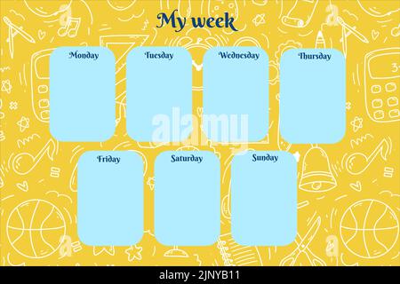 Wochenplaner für Kinder auf kritzeloranfarbenem Hintergrund mit Schulartikeln. Bunte Vektor-Illustration für stationär, Zeitplan, Liste, Schule Stock Vektor