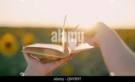 Frau blättert durch Seiten eines alten Papierbuches auf dem Hintergrund des Sonnenuntergangs im Sonnenblumenfeld. Ästhetische Szene. Bildung, Wissenschaft, Naturkonzept. Stockfoto