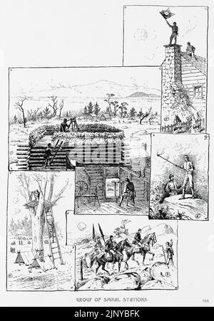 Gruppe von Signalstationen - (1) Station auf dem Gipfel des Pony Mountain in der Nähe von Culpepper Virginia, Frühjahr 1864, vor der Schlacht der Wildnis (2) Dachgeschoss eines Bauernhauses in der Nähe von Williamsport, Maryland während der Verfolgung von Lees Armee durch General Meade (3) Signal Männer, die sich in der Schlacht von Gettysburg zu Little Round Top beeilt (4) Station in der Schlacht von Chancellorsville, Virginia (5) Station auf dem Dach eines Hauses in der Schlacht von Cedar Mountain, Virginia (6) Eine Art von Signalgebung mit einer Fackel. Illustration des amerikanischen Bürgerkriegs des 19.. Jahrhunderts von Edwin Forbes Stockfoto