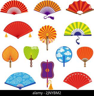 Orientalischer Handventilator. Japan gelb rot Fans isoliert Symbole. Fanning orientalischen Handzubehör Symbol, persönliche china traditionelle Attribut ordentlich Stock Vektor