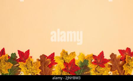 Herbstblätter auf dem Boden mit beigem Hintergrund. Konzept für Kopierraum.flache Verlegung Stockfoto