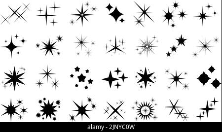 Shine Stars Ikonen, funkelnde Logo weihnachten feiern. Schwarze Sterne Funken Formen, isoliert leuchten glänzende Symbole für Party-oder festliche Karten rassig Vektor-Set Stock Vektor