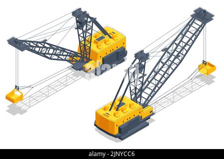 Isometrische Dragline-Bagger. Ein Dragline-Bagger, schwere Ausrüstung, die im Tiefbau und im Bergbau verwendet wird. Schweres Fahrzeug. Ausrüstung Stock Vektor