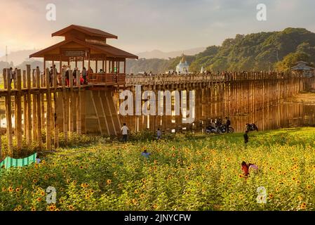 Mandalay, Myanmar - 24. Dezember 2019: Das Leben um die berühmte U Bein Brücke bei Sonnenuntergang. Diese Teakholzbrücke ist ein wichtiger Durchgang für die Einheimischen Stockfoto