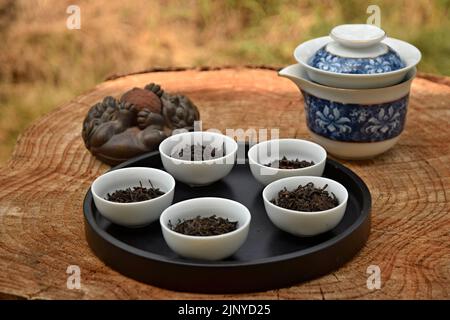 Bereiten Sie chinesischen schwarzen Tee im Teeset auf dem Holztisch zu. Trinken Sie Tee in der Natur. Stockfoto