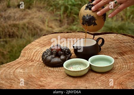 Bereiten Sie chinesischen schwarzen Tee im Teeset auf dem Holztisch zu. Trinken Sie Tee in der Natur. Stockfoto