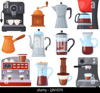 Cartoon-Kaffeemaschine. Kaffeemaschinen Clipart, französisch Presse Filter Kaffeemaschinen Café Küche Handwerk heiße Espressomaschine türkei Topf Wasserkocher Barista Shop Vektor Illustration der Kaffeemaschine Maschine Stock Vektor