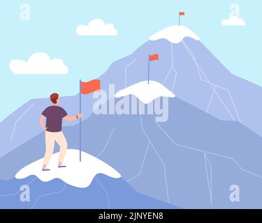 Lebensschritte zu Zielen. Manager allmähliche Erreichung des Ziels, Mann Führer klettern Berge Gipfel mit Flagge, Pfad High AIM Konzept verbessern Stufen Geschäft, Vektor-Illustration des Ziels Lebensmanagement Stock Vektor