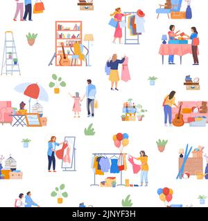 Flohmarkt-Muster. Werbung, die Swap Second Hands Kleidung verkauft, gebrauchte Waren einkauft, Schmuck Bücher Stoff Second Hand Kleidung, fairer Verkauf nahtlose Kulisse, Vektordarstellung des Business Flohmarktes Stock Vektor