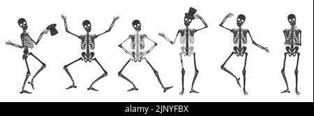Tanzende menschliche Knochen Skelette. Verschiedene Skelett Posen setzen isolierte Vektor-Illustration Stock Vektor