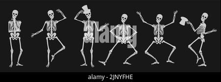 Dancing Human bones skeletons. Different skeleton poses set isolated on black dark background vector illustration. Stock Vektor