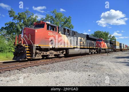 Elgin, Illinois, USA. Canadian National Railway Lokomotiven führen einen intermodalen Güterzug durch die Vororte von Chicago. Stockfoto