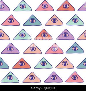 Nahtlose bunte Pastellstruktur mit allen Augen Pyramide Symbol sehen. Dreieck mit Auge. Muster. Origineller moderner Hintergrund für Ihr Design. Stock Vektor
