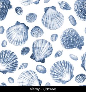 Aquarell Muschel, Stein nahtloses Muster. Handgezeichnete Muscheln und Kieselsteine Textur Vintage Ozean Hintergrund. Aquarell Marine Illustration. Prin Stockfoto