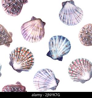 Aquarell Seashell Nahtloses Muster. Handgezeichnete Muscheln bunte Textur vintage Ozean Hintergrund. Aquarell Marine Illustration. Für Wand drucken Stockfoto