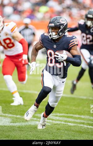 13. August 2022: Chicago, Illinois, USA - Chicago Bears #83 Dazz Newsome läuft mit dem Ball während des Spiels zwischen den Kansas City Chiefs und den Chicago Bears im Soldier Field in Chicago, IL. Stockfoto