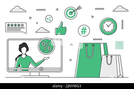 Ankündigung des Rabattsverkaufs. Sonderangebot, Online-Shopping-Kampagne Vektor monokolor Illustration Stock Vektor