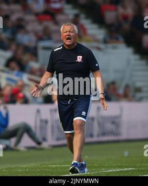 Middlesbrough, Großbritannien. 14.. August 2022. Middlesbrough Chris Wilder schreit während des Sky Bet Championship-Spiels zwischen Middlesbrough und Sheffield United im Riverside Stadium, Middlesbrough, am Sonntag, 14.. August 2022. (Kredit: Michael Driver | MI Nachrichten) Kredit: MI Nachrichten & Sport /Alamy Live Nachrichten Stockfoto