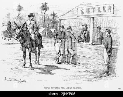 Schnelle Renditen und hohe Gewinne - das Sutler's Tent. Sutler, der Proviant an die Union Army verkauft. Illustration des amerikanischen Bürgerkriegs des 19.. Jahrhunderts von Edwin Forbes Stockfoto