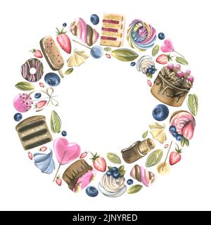 Runder Rahmen, ein Kranz aus Kuchen, Cupcakes, Lutschern und Beeren. Aquarell-Illustration aus einem großen Set VON SÜSSIGKEITEN. Für die Gestaltung und Dekoration von Stockfoto