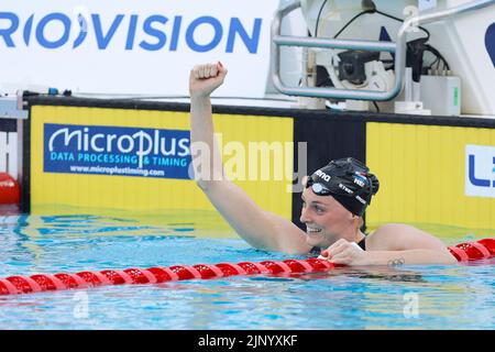 Rom, Italien. 14. August 2022. NetherlandÕs Marrit Steenbergen reagiert nach dem Gewinn des womenÕs 200 Meter Freistilfinales bei den Europameisterschaften im Schwimmen in Rom, Italien, am 14. August 2022. Quelle: Riccardo De Luca - Bilder Aktualisieren/Alamy Live News Stockfoto