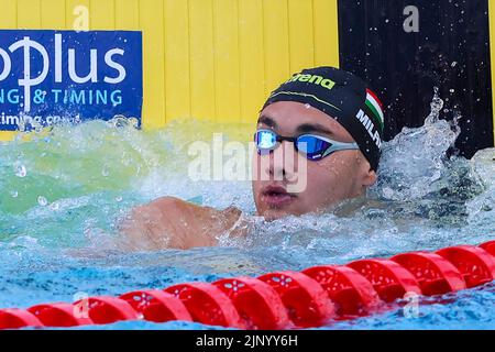 Rom, Italien. 14. August 2022. HungaryÕs Kristof Milak reagiert nach dem Gewinn des menÕs 100 Meter Schmetterlingsfinales bei den Europameisterschaften im Schwimmen in Rom, Italien, am 14. August 2022. Quelle: Riccardo De Luca - Bilder Aktualisieren/Alamy Live News Stockfoto