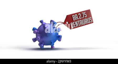 Breaking News: Neue Variante BA.2,75 Centaurus-Sublinie des SARS-CoV-2-Coronavirus entdeckt. 3D Rendering Covid-19 Bakterienzelle, Namensschild, Kopierraum, Stockfoto