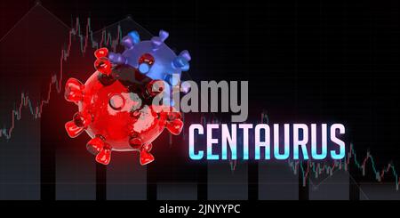 Eilmeldung: Centaurus-Subvariante des SARS-CoV-2-Coronavirus. 3D Render Covid-19 Bakterienzelle, Namensschild, Kopierraum. Bild der Funktion „Beschneidungspfad“. Stockfoto
