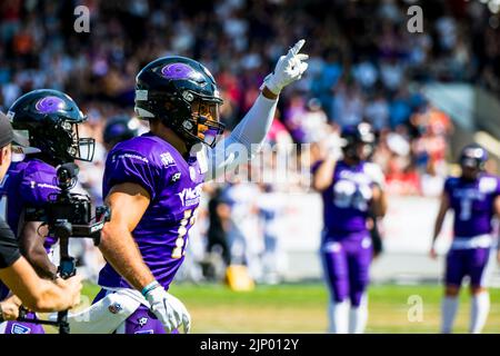 Frankfurt, Deutschland. 14. August 2022. European League of Football: Vienna Vikings bei der Frankfurt Galaxy. WR # 17 Reece Horn / Frankfurt Galaxy Credit: Frank Baumert/Alamy Live News Stockfoto