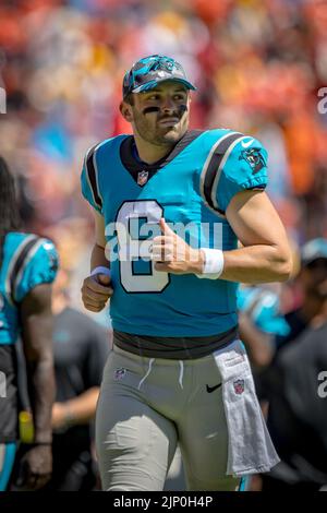 13. August 2022 : Carolina Panthers Quarterback Baker Mayfield (6) während des Vorsaison-Spiels zwischen den Carolina Panthers und den Washington Commanders spielten sie im Fed Ex Field in Landover, MD. Fotograf: Cory Royster Stockfoto