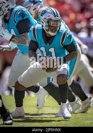 13. August 2022 : Carolina Panthers Quarterback PJ Walker (11) fällt während des Vorsaison-Spiels zwischen den Carolina Panthers und Washington Commanders zurück, das im Fed Ex Field in Landover, MD, gespielt wurde. Fotograf: Cory Royster Stockfoto