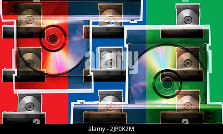 Mustercollage von schmutzigem Retro-Stil dvd-Player mit Scheibe. mozaic. Montage. Stockfoto