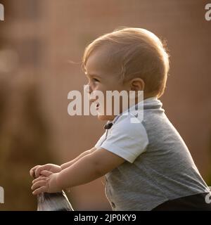 Ein kleiner Junge lernt mit Hilfe eines Rollstuhls laufen. Stockfoto