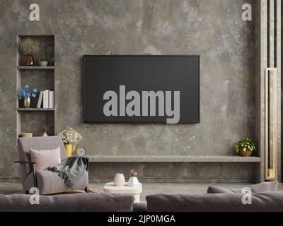 An der Wand montierter fernseher auf einem Zementregal im Wohnzimmer mit dunkelbraunem Sofa.3D Rendering Stockfoto