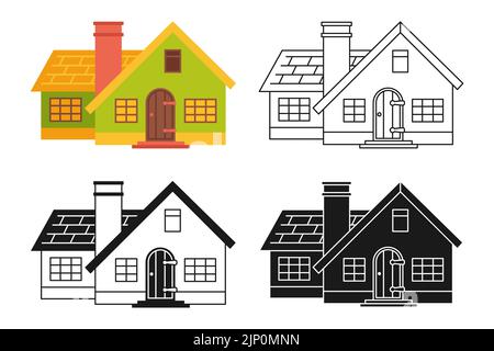 Haus vorne flach Cartoon oder graviert, Tintenstempel oder lineare Doodle Set. Kleine, kleine Häuser, modernes, gemütliches Gebäude, alte Dorffassade. Wohnsiedlung, Ferienhaus oder Villa Apartment Design Stock Vektor