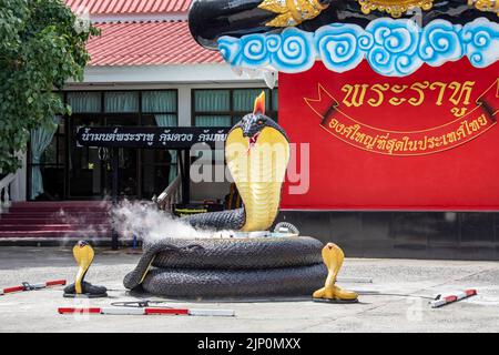 Chachoengsao Thailand 9. Jun 2022: Die Phaya Nak Statue im Wat Saman Rattanaram, die für ihr Bild von leuchtend rosa Ganesha berühmt ist. Stockfoto