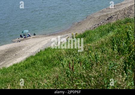 Bringhausen, Deutschland. 11. August 2022. Angler sitzen unter einem Sonnenschirm in Bringhäuser Bay. Das größte Hessische Reservoir ist aufgrund der Dürre und der Wasserabgabe an die Weser-Navigation nur zu 20 Prozent voll. Quelle: Uwe Zucchi/dpa/Alamy Live News Stockfoto