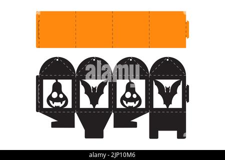 Halloween-Treat-Box mit gruseligen Kürbis. Jack-o-Laterne Gesichts-Geschenk-Party-Verpackung für süß, Süßigkeiten, kleines Geschenk, Bäckerei. Einfaches Paket Stanzform t Stock Vektor