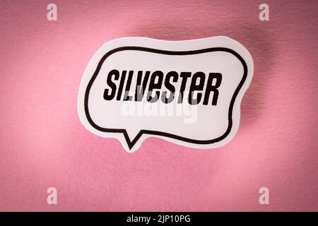 Silvester, Silvester. Deutscher Text zur Sprechblase. Stockfoto