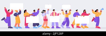 Protestdemonstration, Streik, marsch von Menschen mit leeren Spruchbändern. Vektor-flache Illustration von Streikenteilnehmern, Aktivisten mit leeren Plakaten und Megaphon Stock Vektor