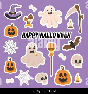 Sammlung von Vektor-Sticker Happy Halloween. Niedliche Charaktere Jack Kürbis, Spinnenfledermaus, Geist, Spinnennetz, Schädel, Hexenhut und Sense mit Besen Stock Vektor