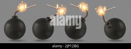 Schwarze Bomben mit brennender Sicherung und Streichhölzern mit Feuer, explosiver Dynamit mit auf transparentem Hintergrund isoliertem Seildocht. Gefährliche Zerstörungskugeln mit Funken, realistische 3D-Vektor-Illustration Stock Vektor