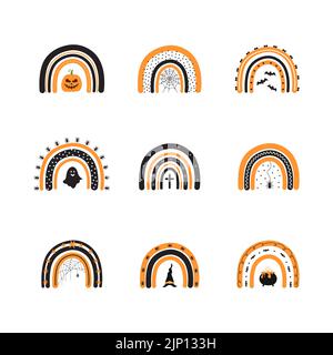 Halloween gruselige Regenbögen. Niedliches handgezeichnetes Symbol für die Feier einer gruseligen Nacht. Vektor-Illustration im flachen Cartoon-Stil. Design für Poster, Karte oder Stock Vektor
