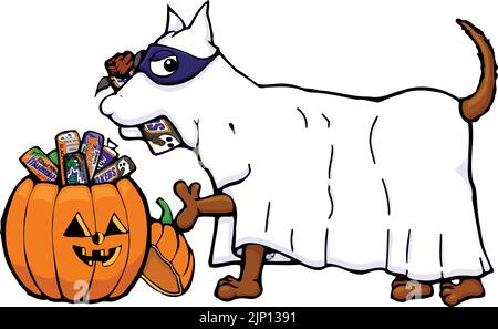 Hund im Geisterkostüm, der Süßigkeiten klaut Stock Vektor