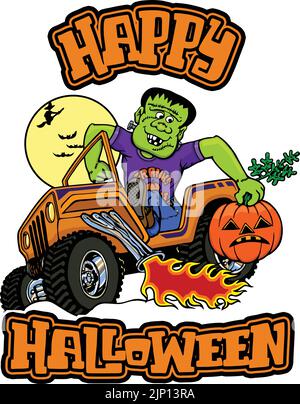 Cartoon frankenstein im 4x4 - Happy halloween Stock Vektor