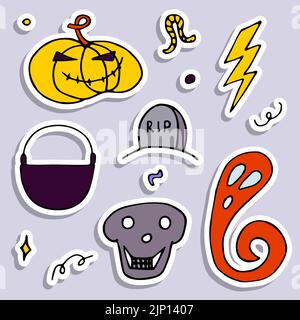 Doodle Halloween Aufkleber Set. Handgezeichneter Herbstkürbis, Grab, Geist, Kessel, Schädel auf grauem Hintergrund. Niedliches gruseliges Horror-Banner für Herbstferien, Stock Vektor