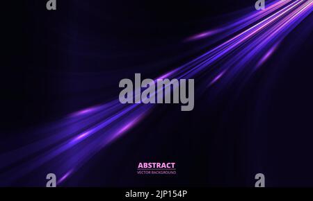 Abstrakter moderner, dunkelvioletter, futuristischer Hintergrund mit hellrosa Neonstrahlen und fließenden Linien. Vektorgrafik Stock Vektor